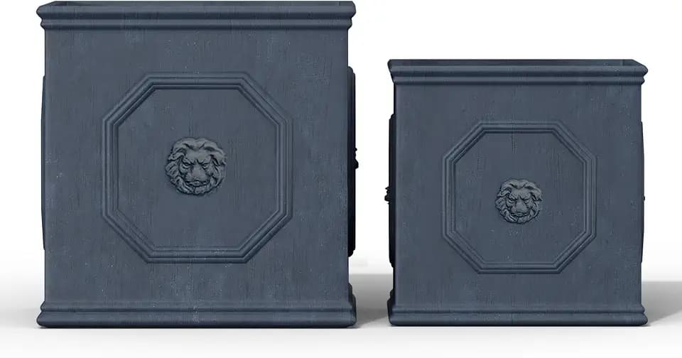 Kante Quadratischer Pflanzkübel aus Beton mit Löwenkopf, 2er-Set, 25,4 und 32,8 cm, großer Blumentopf mit Drianage, moderner englischer Stil, Dekoration für Zuhause, Terrasse, Garten, Antikgrau