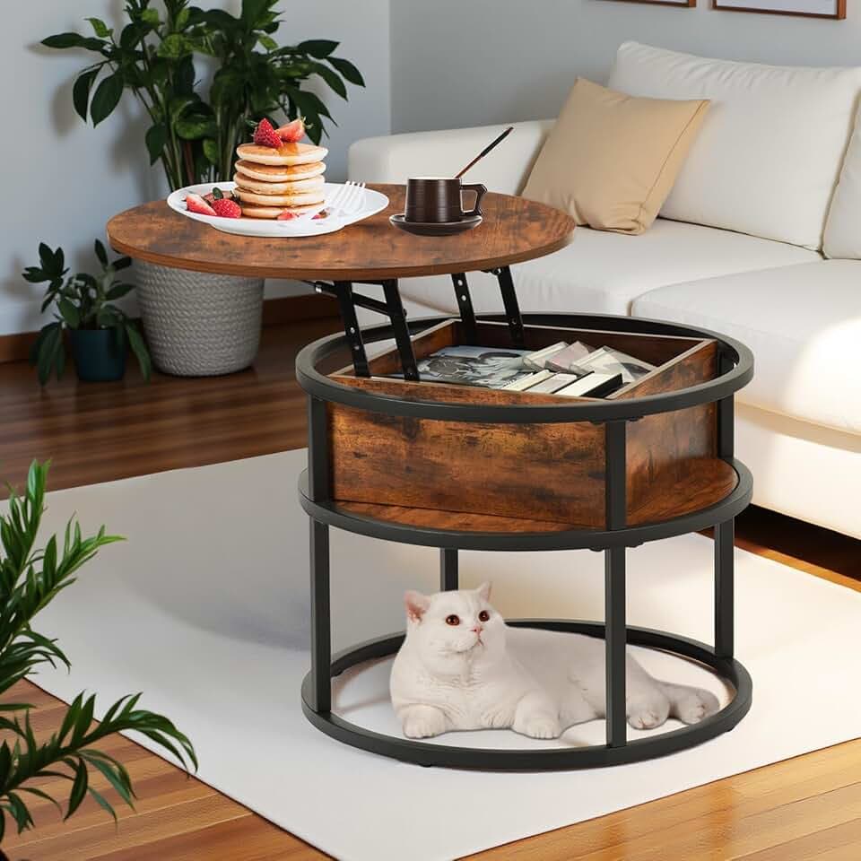 Couchtisch Rund mit Hebeplatte,Beistelltisch Höhenverstellbar mit Stauraum 60x60x48cm-62cm,Klein Wohnzimmertisch Kaffeetisch