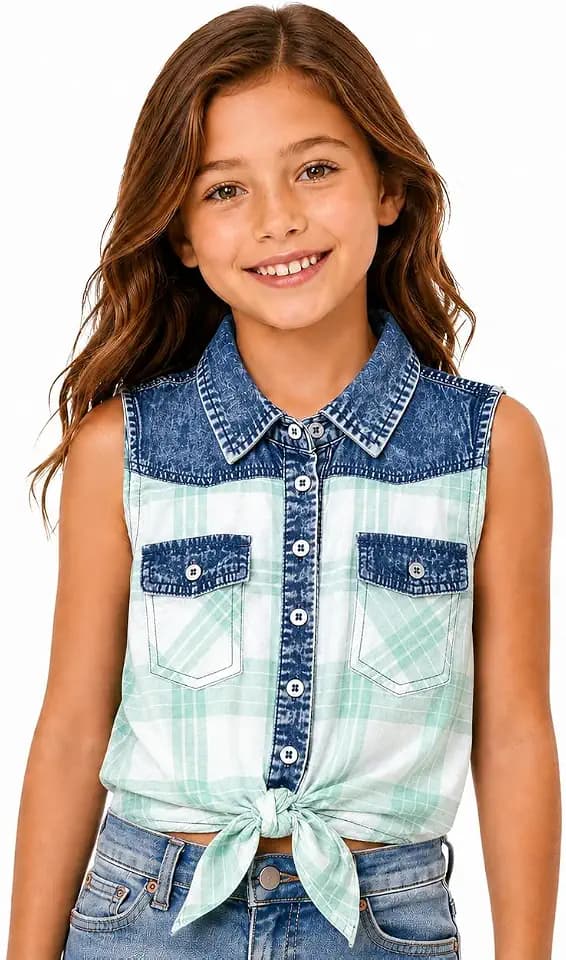 Bienzoe Western Plaid Girls Shirt: Gingham Sleeveless