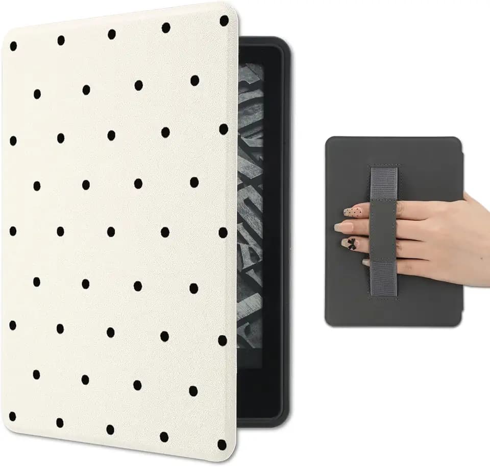 Aesthetic Polka Dot Case for 6.8" Kindle Paperwhite 11th Generation 2021 Release with Hand Strap Premium Leather Folio Cover Protective e-Reader Case with Auto Sleep/Wake