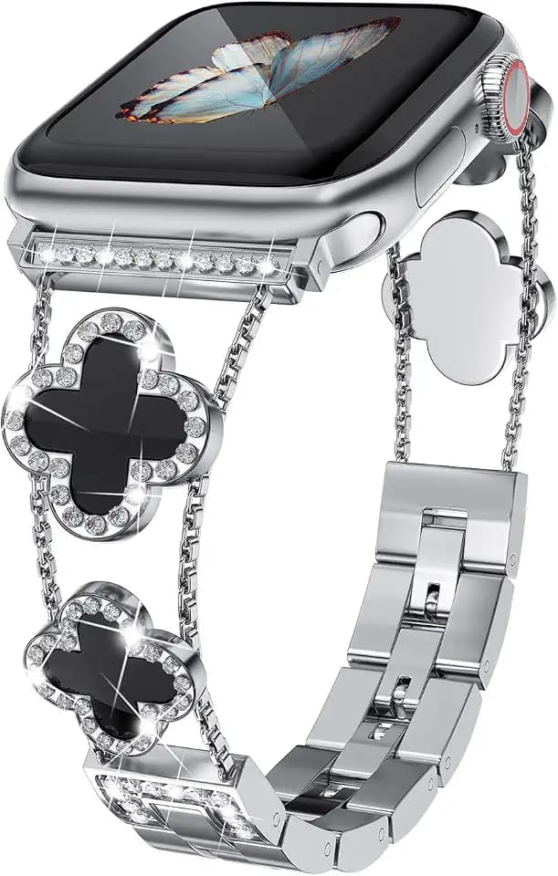 Musk-MSKR Diamond Metal Bands Add Sparkle to Your Watch For Apple Watch Series 11/10/9/8/7/6/5/4/3/2/SE/Ultra Clover Simple and Stylish Compatible with 38mm40mm41mm42mm44mm45mm 46mm49mm Women's Wear
