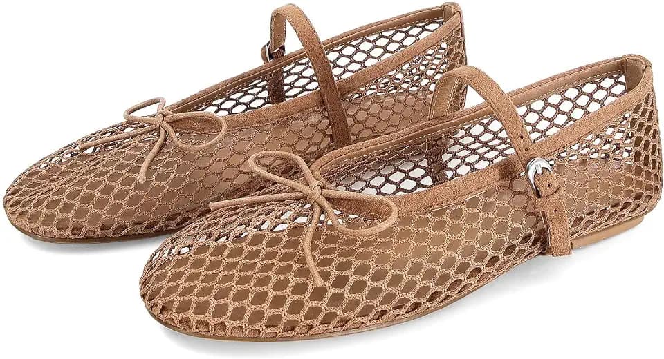 MICIFA Women's Mesh Ballet Flats Fishnet Ballerina Flats Buckle Strap Mary Jane Causal Daily Dress Shoes