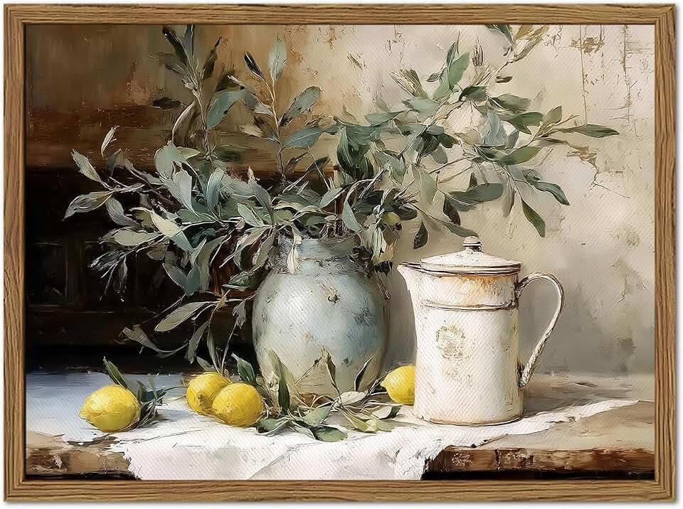 Framed Vintage Kitchen Wall Art, Rustic Yellow Lemon Still Life Pictures Wall Decor, Country Botanical Paintings Canvas Prints Farmhouse Home Decor for Dining Room Living Room 16x24 inch