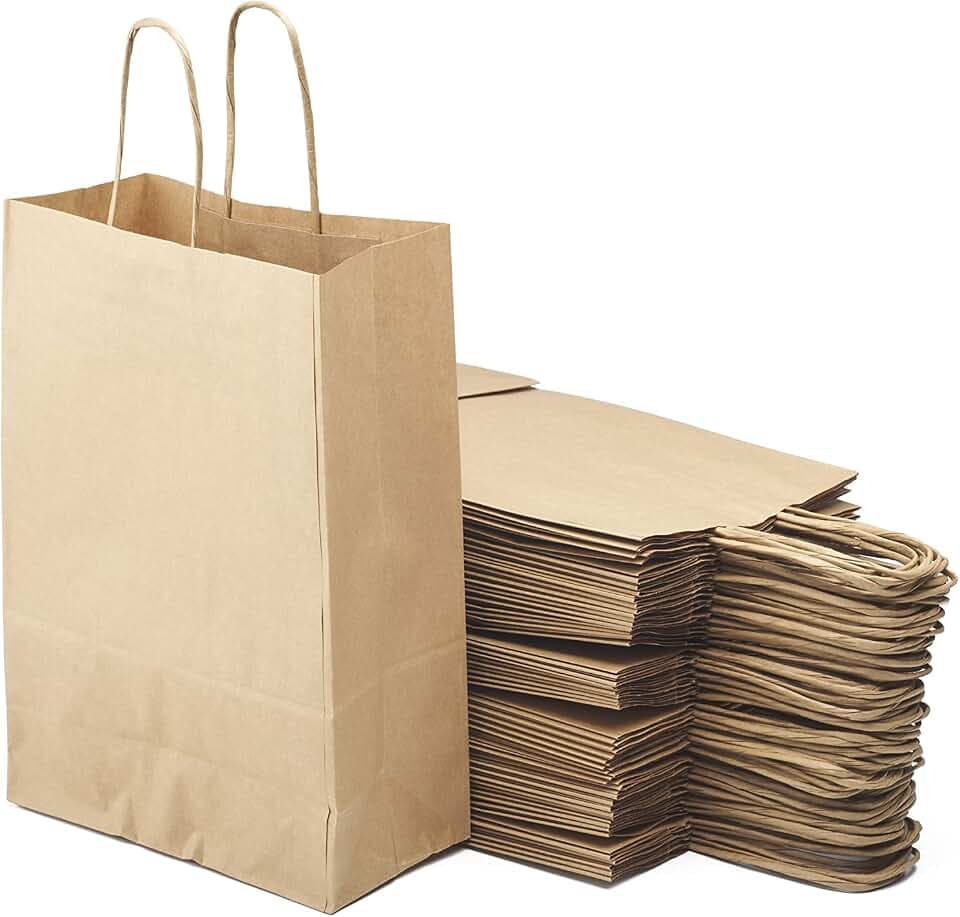 50 braune Einkaufstaschen aus Kraftpapier mit Griffen – 20 x 10 x 29,2 cm – Einkaufstasche/Geschenkverpackung für Geburtstag, Weihnachten, Hochzeit.