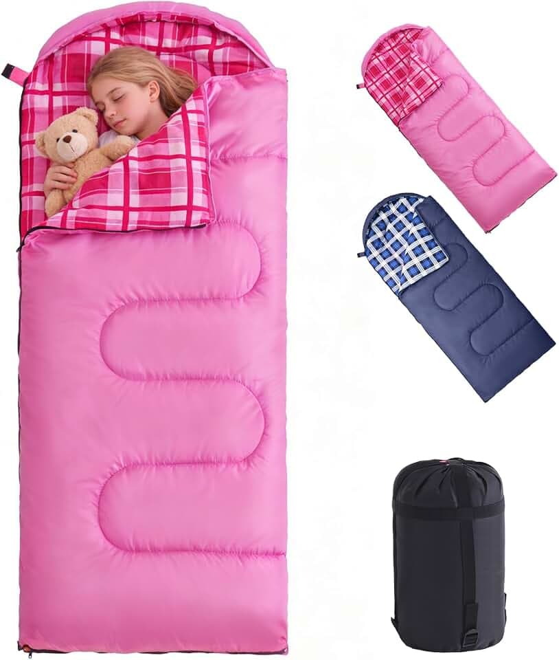 Uniqwamer Kids Sleeping Bag for Girls Boys - 4 Seasons Cold & Warm Weather Flannel Camping Sleeping Bags, Lightweight & Waterproof 45°F Sleeping Bag for Camping Hiking Outdoor Travel