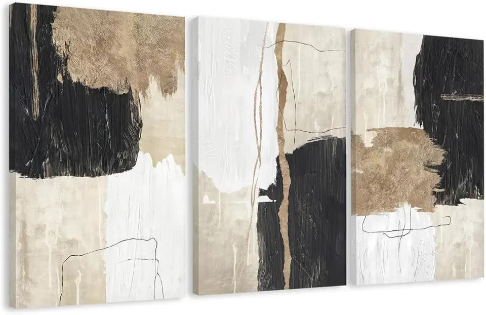 AVECCO Triptych Abstract Black Beige Gold Wrapped Canvas Wall Art 20x30 in