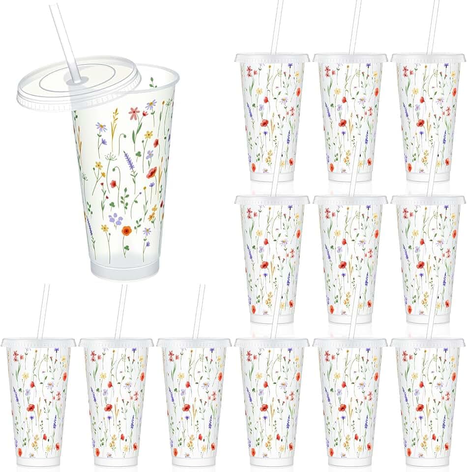 Jingmore 12 Pcs Reusable Wildflower Cups with Lids and Straws 24 oz Plastic Cute Floral Tumbler Iced Coffee Cup Travel Mug Party for Smoothie Juice Birthday Spring Wildflower Party Supplies Gifts
