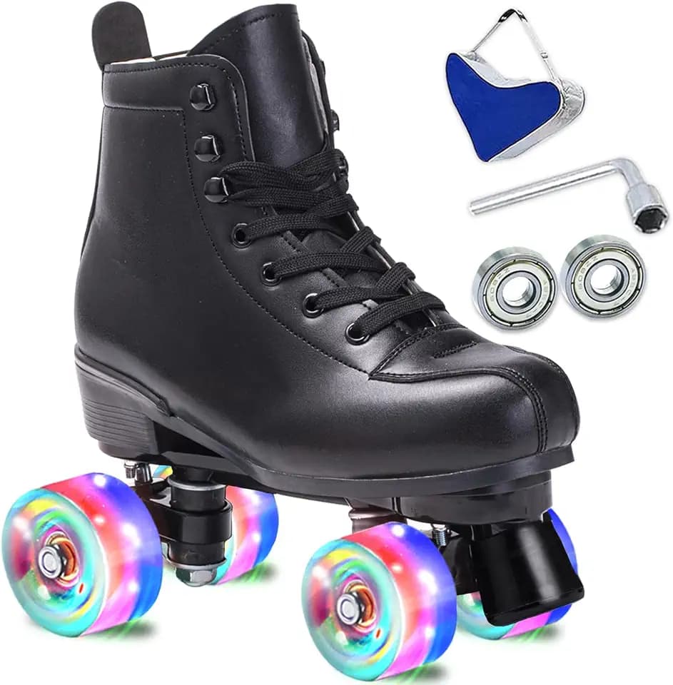 Skates Women's Men's High Top Black PU Leather Classic Double Row Adjustable Outdoor Indoor Quad Skates and Roller Derby