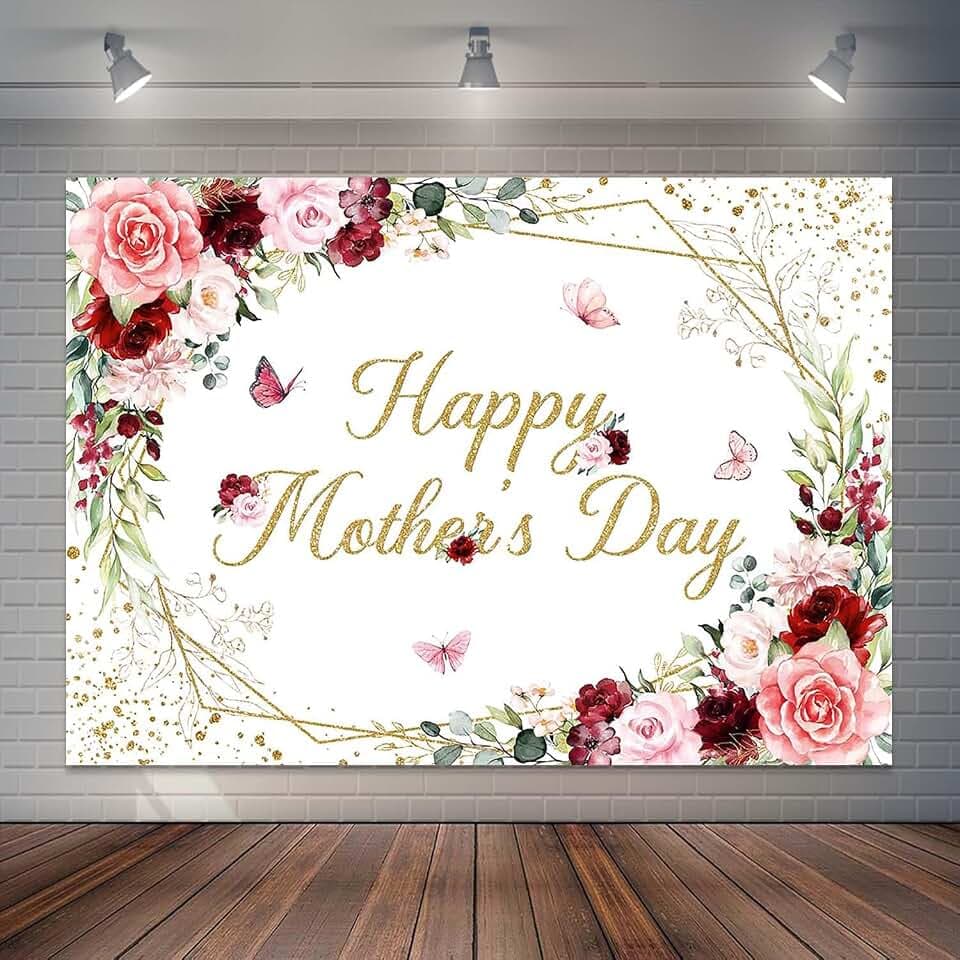 Happy Mother's Day Backdrop Burgundy Blush Floral I Love Mom Party Decorations Gold Geometric Mothers Day Photography Background Cake Table Banner (7x5ft)