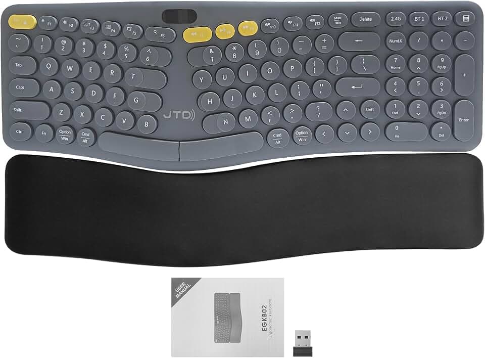 J-Tech Digital ProType S Wireless Split Ergonomic Keyboard for Long Nails, Carpal Tunnel Relief, 2.4G & Bluetooth, Rechargeable, Detachable Palm Rest, Quiet Mechanical Keys for Windows, Mac, iPad
