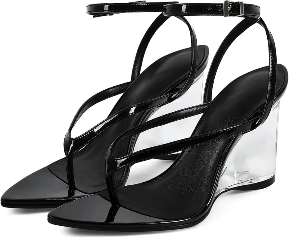 Women's Wedge Heels Sandals Strappy Flip Flops Thong Clear Heeled Sandals