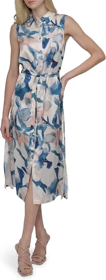 DKNY Women's Satin Sleeveless Collared Button Front Midi Shirtdress