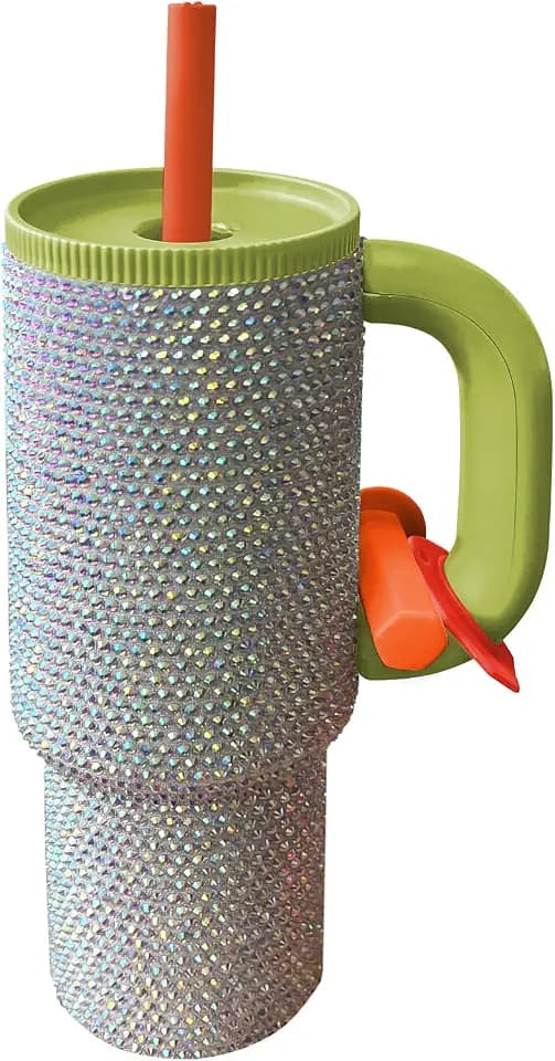 40oz Tumbler with Handle and Straw, Glitter Rhinestones Tumbler Bling Cups