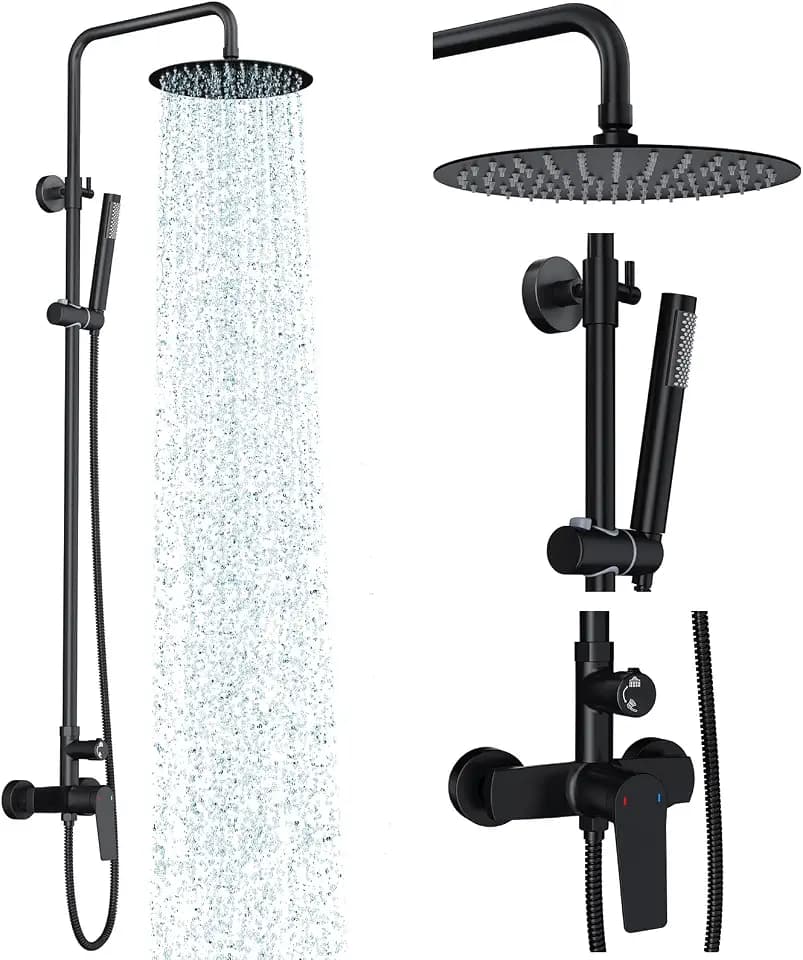 Rainsworth Outdoor Shower Kit, Single Handle Brass Valve, 10 Inch, Black