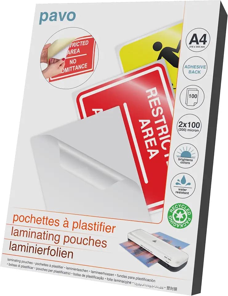 Pavo - Laminierfolien mit selbstklebender Rückseite A4 2x100 mic , 100 Stück - Glänzend