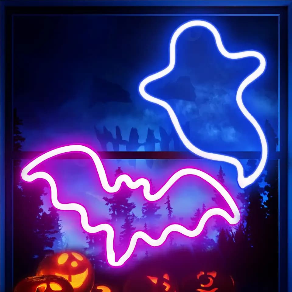 2 Pack Halloween Decoration LED Neon Sign Light, Ghost and Bat Lights