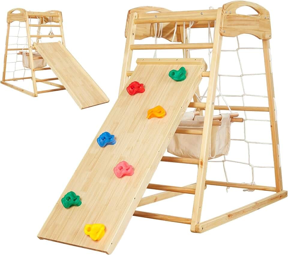 FUNLIO 7-in-1 Holz Klettergerüst Indoor für Kinder von 2-5 Jahren, Montessori Kletterdreieck aus massivem Kiefernholz, Schaukel/Rutsche/Kletterfelsen/Netz/Leiter/Affenstangen/Gymnastikringen