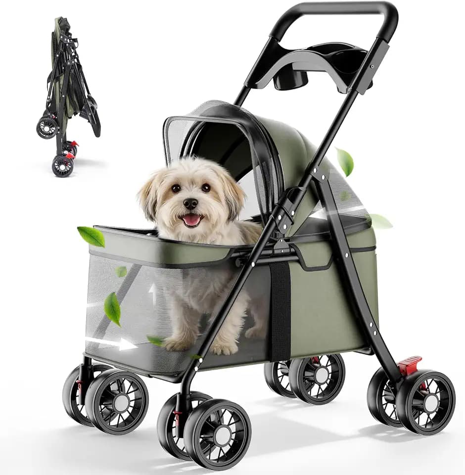 GTPLAYER Foldable Pet Stroller for Small Dogs and Cats, Hold Up to 33 lb, 4-Wheel Stroller with 2 Safety Tethers, Breathable Mesh, Lockable Front Wheels, Cup Holder/Tray & Storage Pocket, Forest Green