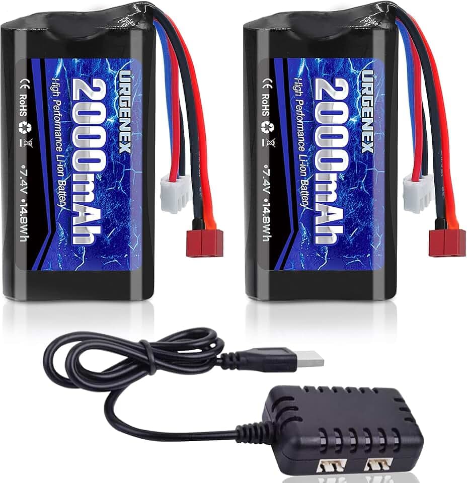 7.4 V Li-ion Battery 2000 mAh 2S Battery with Deans T Plug for RC Cars Boats Trucks with 1 to 2 USB Charger