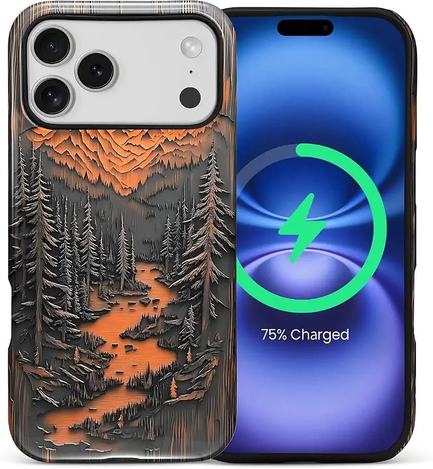 for iPhone 17 Pro Max/18 Pro Max Case,Compatible with MagSafe,Dual-Layer Hard Shell + Silicone Cover,Full Body Protection Shockproof Case-Faux Wood Mountain Rustic Forest