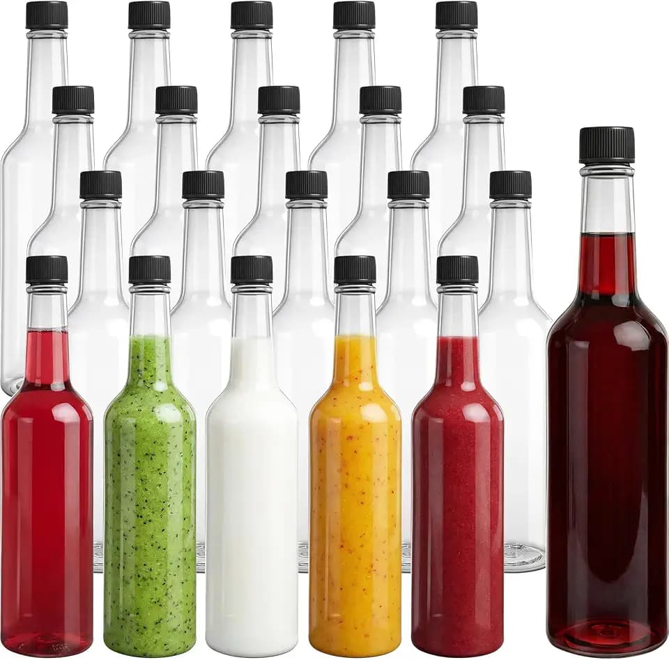 WUWEOT 21 Pcs 15 oz Plastic Wine Bottles with Caps, Empty Long Neck Coquito Bottle, Leakproof Clear Liquor Drinks Container with Screw on Lids for DIY Drinks Craft Decoration