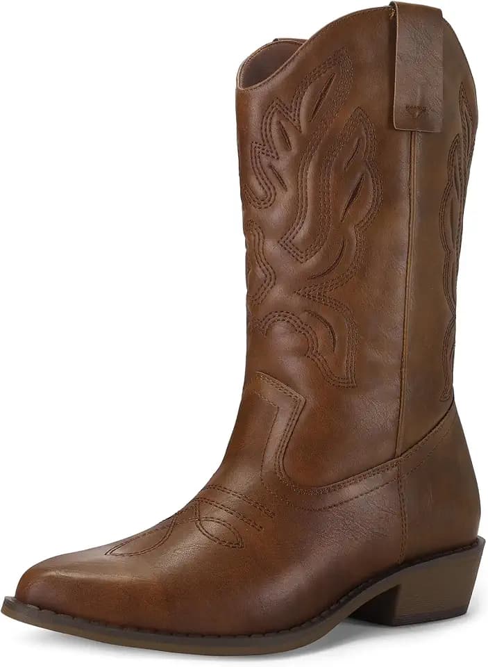 mysoft Cowboy Boots for Women Mid Calf Chunky Heel Cowgirl Boots