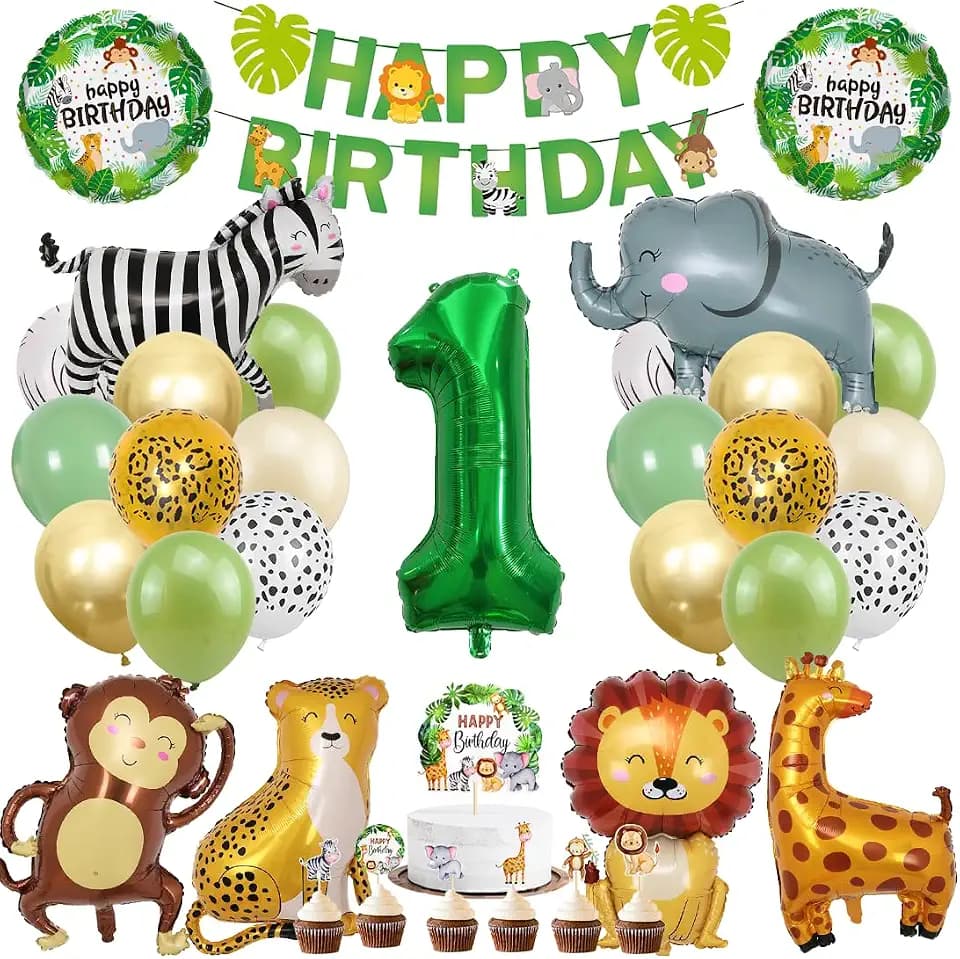 Dschungel Deko 1 Geburtstag, Dschungel Geburtstagsdeko 1 Jahr, Safari Tiere Folienballon 1, 41 Stück Waldtiere Luftballon Dekoration, Waldtiere Grüner Luftballon für Mädchen Junge Kinder
