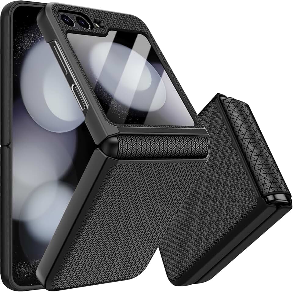 Giyer Handyhülle für Samsung Galaxy Z Flip 6 Hülle mit Displayschutzfolie Scharnierschutz, Rutschfester Textur Hard PC Rugged Stoßfest Schutzhülle für Samsung Z Flip 6 5G Flip Case Cover (Schwarz)