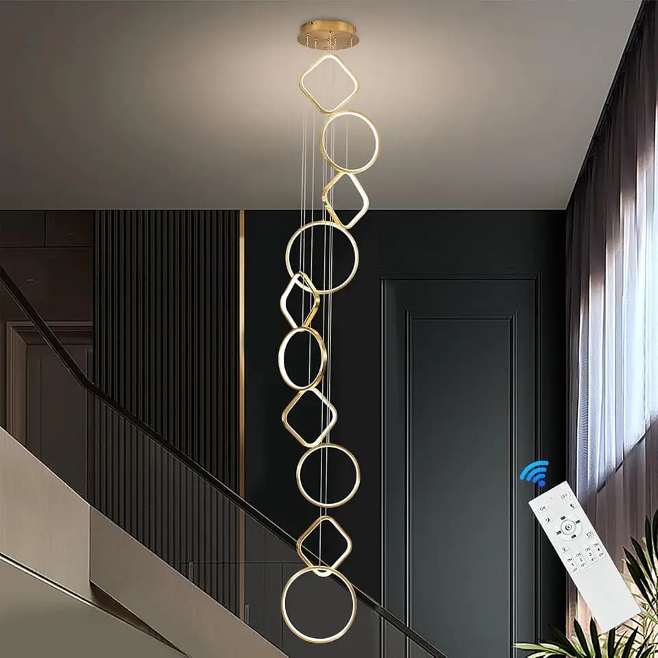 Gold High Ceiling Chandelier 10 Rings Modern LED Chandeliers Long Chandelier for Entryway Dimmable Staircase Flush Mount Chandeliers for Living Room, 3000-6500K