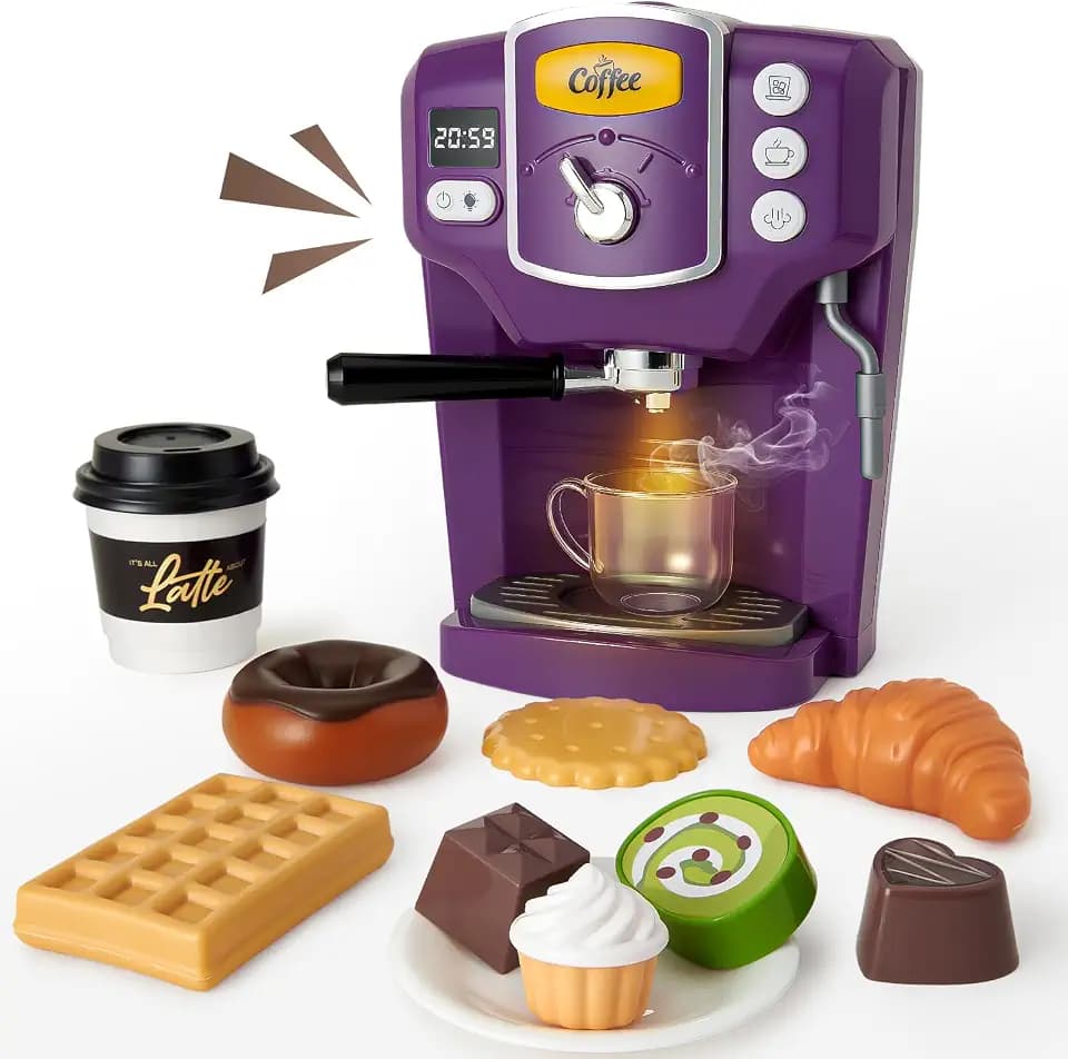G.C Kaffeemaschine Kinder mit Sound & Licht & Wasserfunktion & Nachgemachte Desserts Kinder Küche Zubehör Rollenspiel Spielzeug Geburtstag Geschenke für Mädchen Jungen ab 3 Jahren