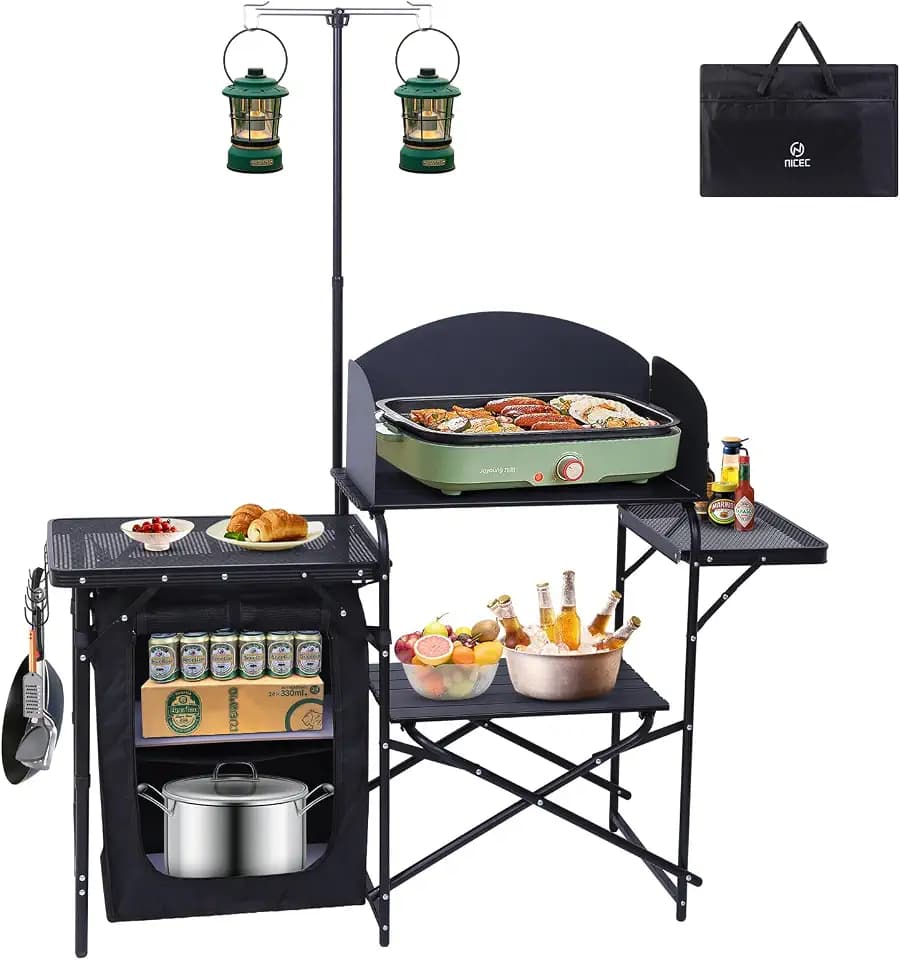 Nice C Camping Kitchen Table Station, Portable Folding Grill Table (Black)
