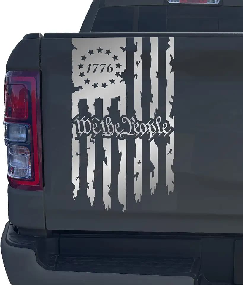 We The People Betsy Ross Flag 1776 Distressed American USA US Flag Truck Tailgate Vinyl Decal Stickers Preamble of The US Constitution (10" x 18") (Silver Gray Metallic)