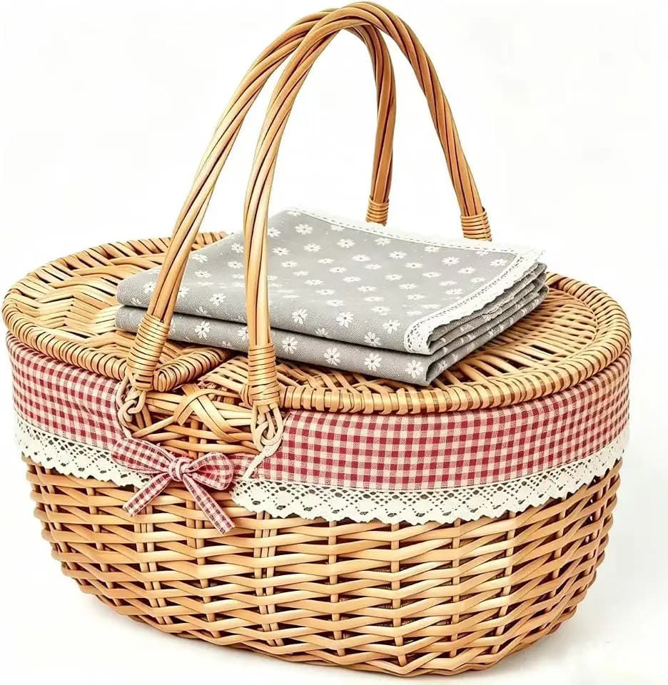 OYPEIP Empty Undyed Hand Woven Wicker Picnic Basket with Lid & Handle for Couple, Removable Lace Liner, Bonus Spare Liner, Easter Thanksgiving Wedding (Red Gingham + Gray Floral)