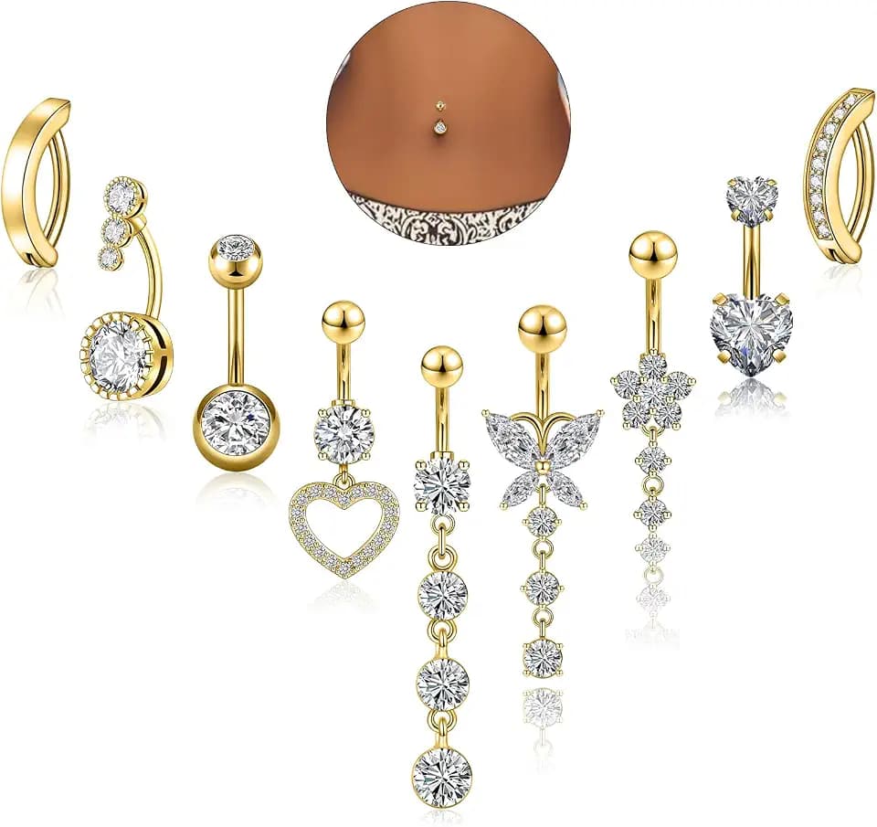 9PCS Belly Button Ring Dangle Stainless Steel Belly Rings 14G 1.6MM Belly Piercing Cute Navel Ring Piercing Jewelry Belly Ring for Women