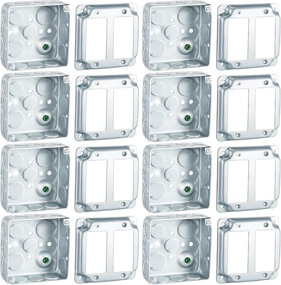 Copkim 8 Set 4 × 4" Electrical Junction Box with Cover Electrical Metal Outlet Box, 21.0 Cu. in. Capacity Receptacle Exposed Work Cover, 1-1/2'' Deep (2 Gfci)