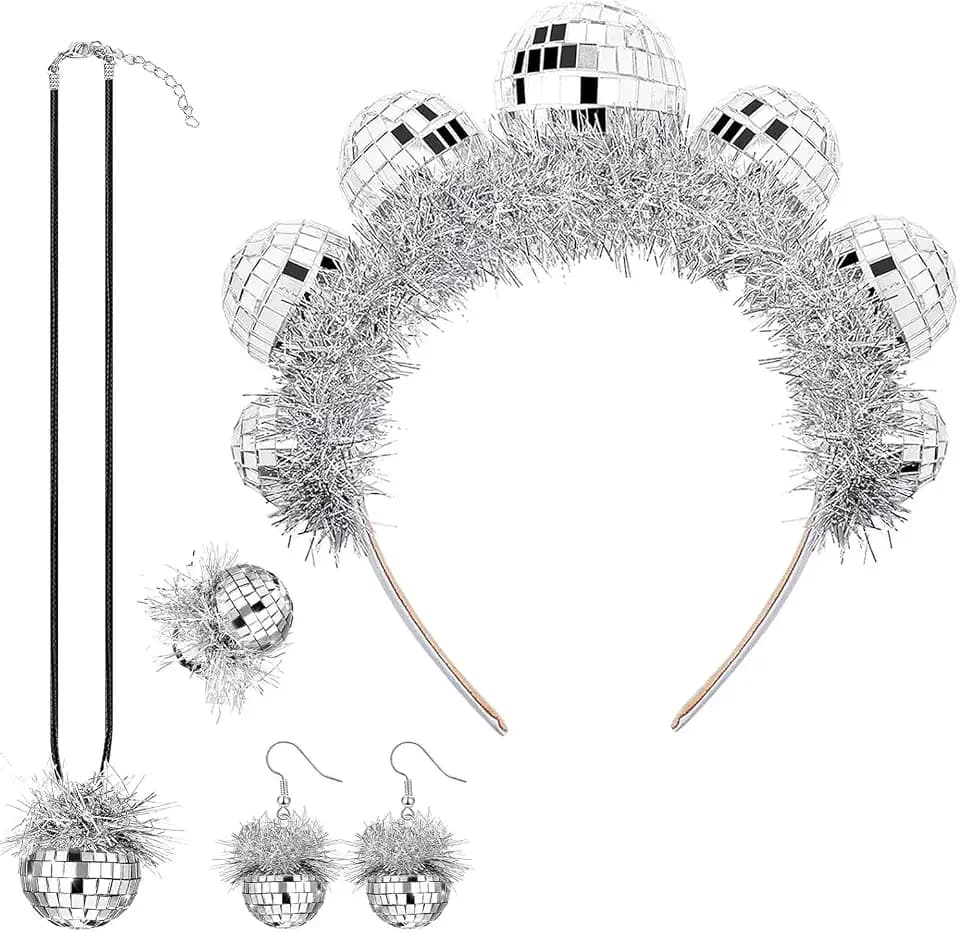 4pcs Discokugel Deko,Disco Ohrringe,Discokugel Ohrringe,Discokugel Haarreif,70er Jahre Disco Party ZubehöR Damenbekleidung Disco Ball Ohrringe, Kopfbedeckungen Und Ringe Party Gadgets