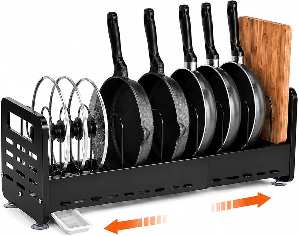 Pots and Pans Organizer Under Cabinet, Expandable Pot Lid Organizer
