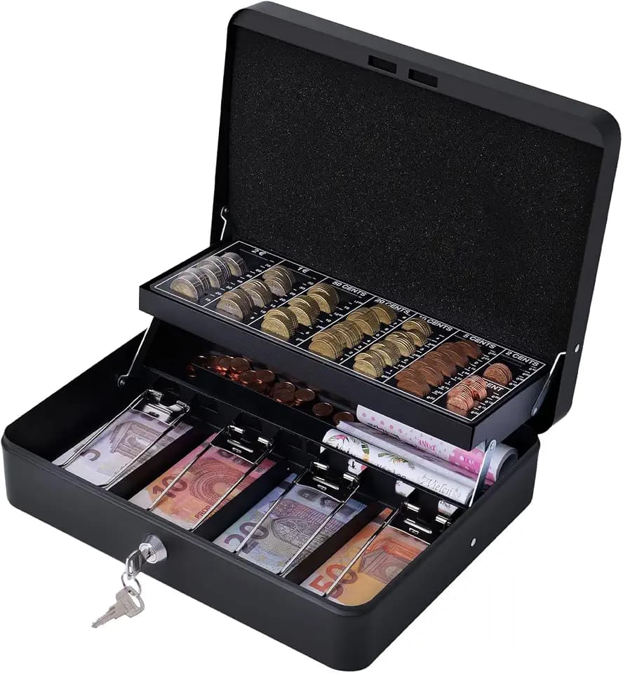 Geldkassette abschließbar mit Schlüssel,Geldkassette mit Münzzählbrett, Kleine tragbare Kasse für Haus, Büro und Veranstaltungen, 30 * 24 * 9cm