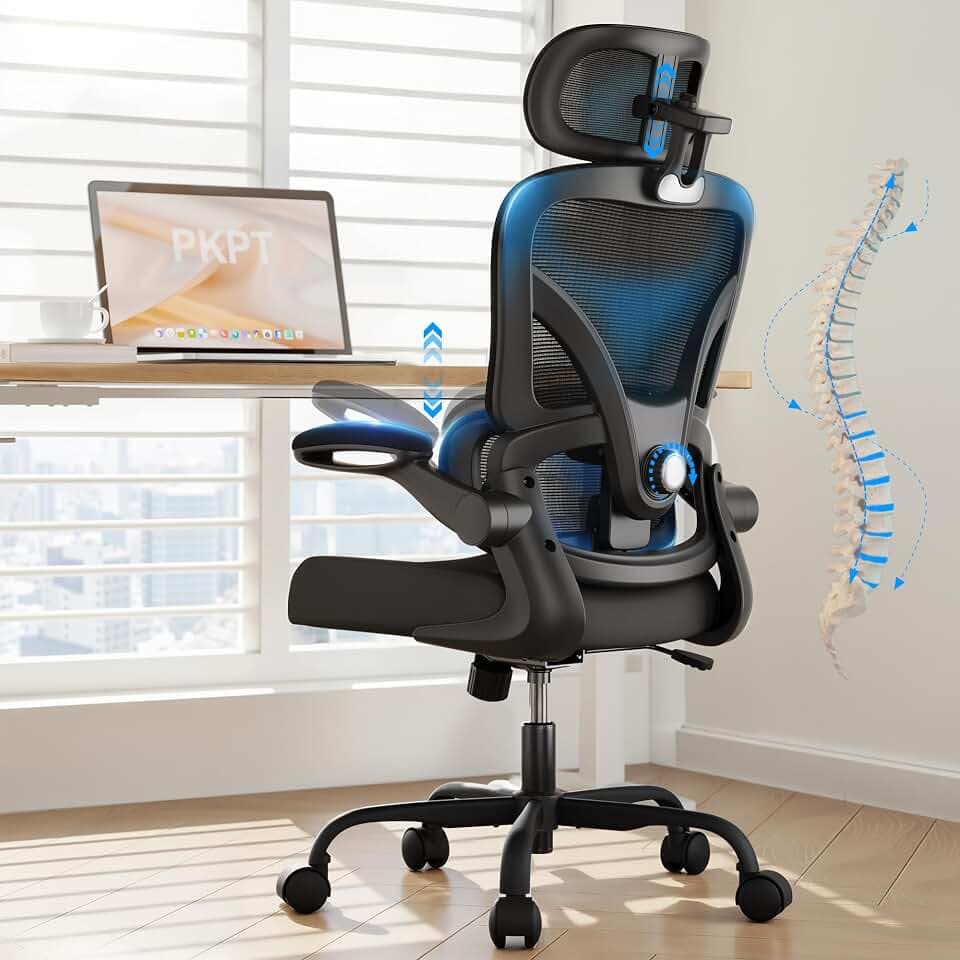 Office Chair with Headrest, Desk Chair with Lumbar Support, Breathable Mesh Chair with Flip-Up Armrests for Home Office, Black
