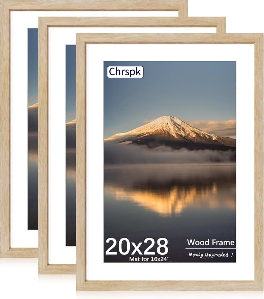 20x28 Poster Frame, Natural Oak Wood Frame with 16x24 Mat, 3 Pack