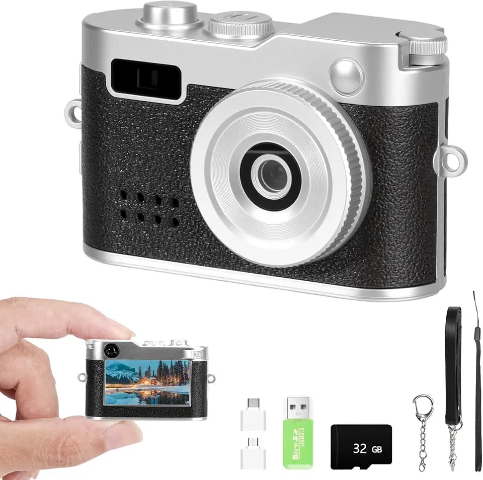 Mini Keychain Camera, FHD 1080p Mini Digital Camera with 32GB SD Card, 6 Creative Filters, 0.96" HD Display, 100 Mins Battery Life for Decorate Travel Recording Gifts (Black-Retro)