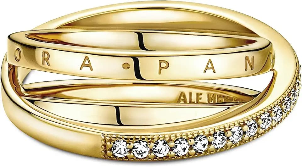 Pandora Signature Ring überkreuztes Pavé, Dreifachring, 14-karätig vergoldet, mit klarem Cubic Zirkonia