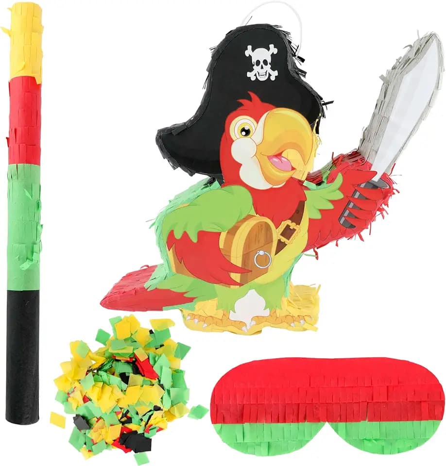 Pirate Parrot Piñata Paper Tropical Bird Design Pinata with Stick Blindfold Confetti Parrot Piñata for Luau Hawaii Summer Pirate Theme Birthday Party Decor