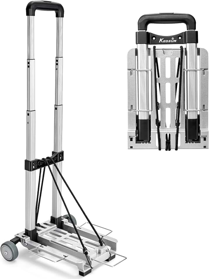KEDSUM Mini Luggage Cart with Wheels Foldable, Lightweight Trolley Cart with Wheels, Expandable Baseplate Foding Hand Truck, 120 LBS Portable Dolly for Airport, Travel and Moving, 100% Aluminum