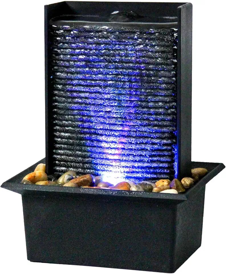 Small Indoor Relaxation Tabletop Fountain, Zen Meditation Waterfall Feature with Color LED Light & Natural Rocks, 4 Level Desk Waterfall for Home Office Bedroom Living Room Decoration (Style 2)