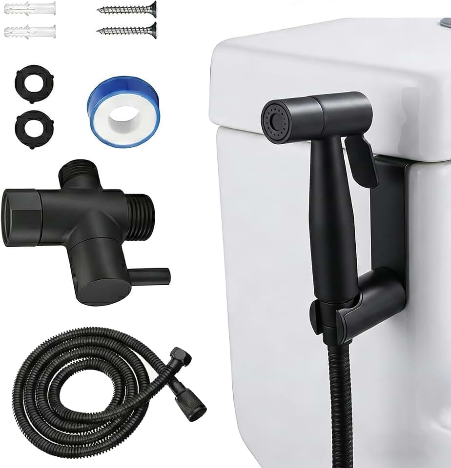 Edelstahl Bidet Handbrause Set Robuste WC Dusche Bidet Sprayer mit Halterung, T-Adapter & Schlauch für Toilette, Haustiere und Reinigung (Schwarz)