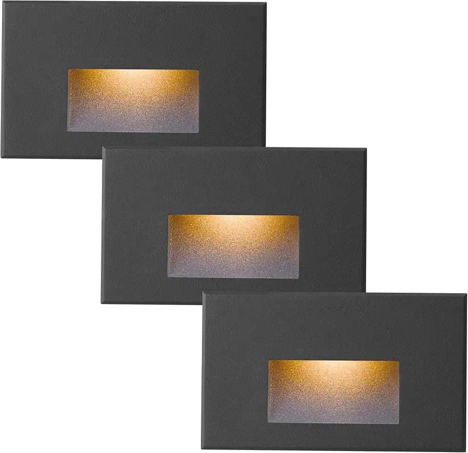 Outdoor Step Lights Indoor Stair Lights Dimmable 120V 4W 350LM, 3000K Warm White, IP66 Waterproof Horizontal LED Lights for Steps, Black Deck Stair Lights, 3-Pack