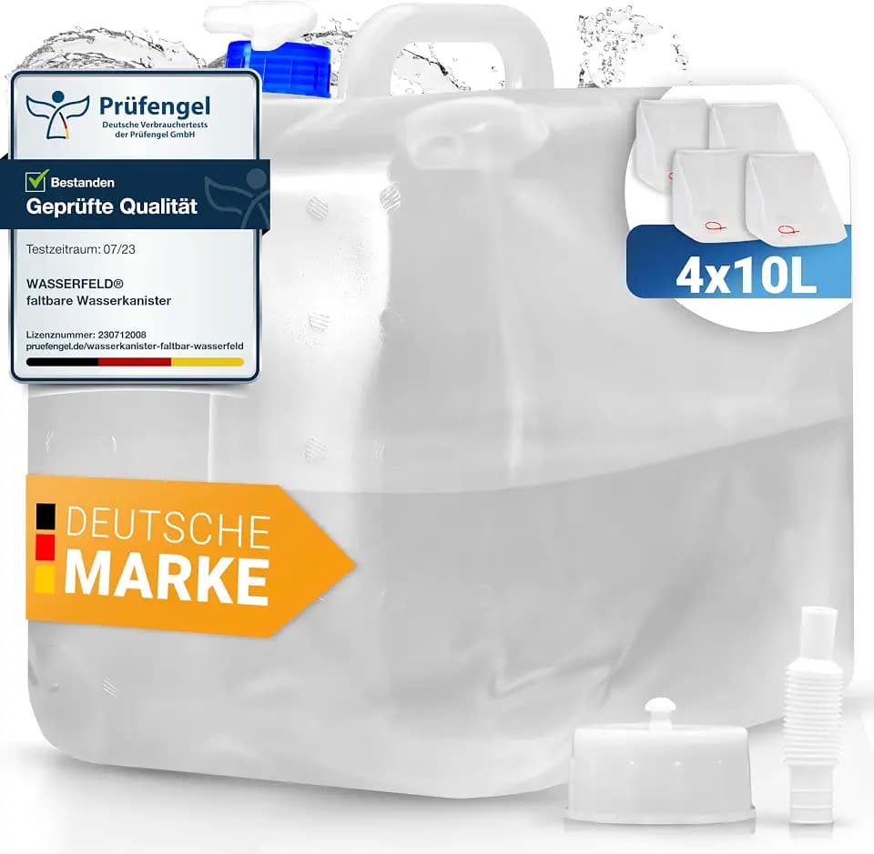 WASSERFELD ® [10L - 20L Wasserkanister Faltbar inkl. auslaufsicherem Dosierhahn & Tragehenkel - Robuster Trinkwasserkanister mit Verschlussklappe - Auslaufsicherer Wasserbehälter