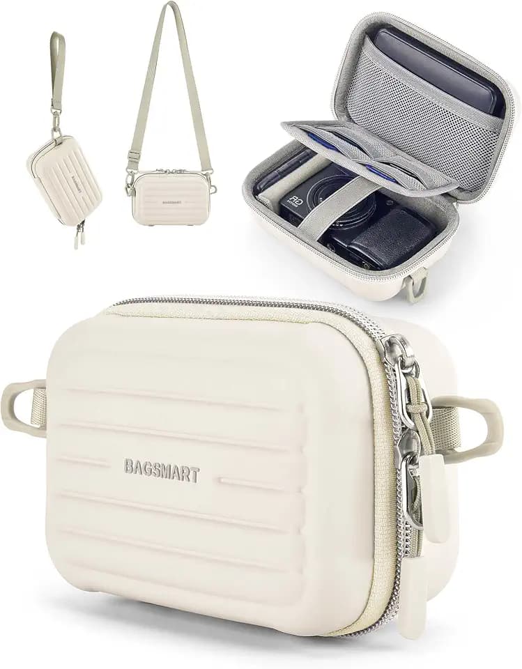 BAGSMART Digital Camera Case, Small Camera Bag with 2 Carrying Ways, Beige
