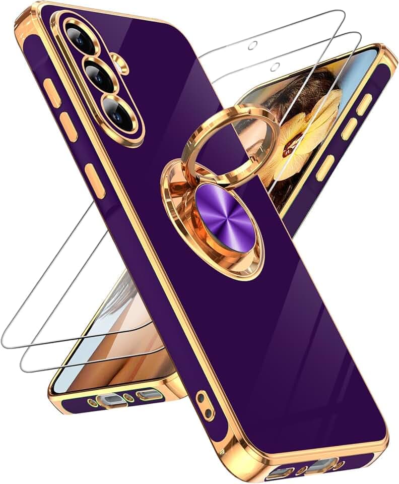 LeYi for Galaxy A36-5G Case: with 2 Pack Tempered Glass Screen Protector and 360° Rotatable Ring Holder Magnetic Ring, Plating Rose Gold Edge Protective A36 5G Case, Deep Purple